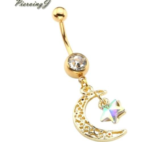 PiercingJ Fashion belly piercing Narvel Ring Stainless Steel Gold Hollow Moon Star AB Color Belly Button Navel Ring Piercing 1pc