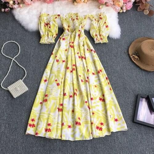 New Summer Women Beach Style Slash Neck Printing Dresses Casual Female Puff Sleeve Folds High Waist A-line Long Dresses
