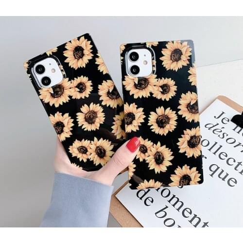 Retro Daisy Flowers Square Shockproof Phone Case for IPhone 12 11 Pro Max XR XS Max 7 8 Plus SE2020 X 12 Pro Max Back Cover Gift