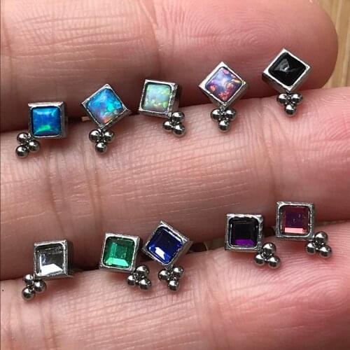 1pc Newest Stainless Steel 16G Internal Thread Opal Zircon Square Labret Lip Tragus Helix Conch Cartilage Piercing Earring