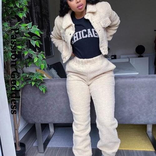 Casual Women 2 Piece Lambswool Warm Sets Autumn Winter Fuzzy Jacket High Waist Sweatpants Two-piece Cute Plush Outfits 2XL 3XL