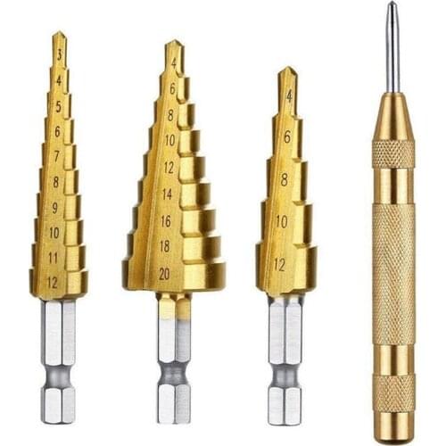 SUNSHINE 3 Pcs HSS Titanium Step Drill Bit Set & Automatic Center Punch