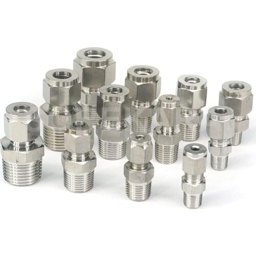 1/8" 1/4" 3/8" 1/2" BSPT Male Fit 3/4/6/8/10/12/14/16/18mm OD Tube 304 Stainless Steel Ferrule Compression Fitting Oil Air Water