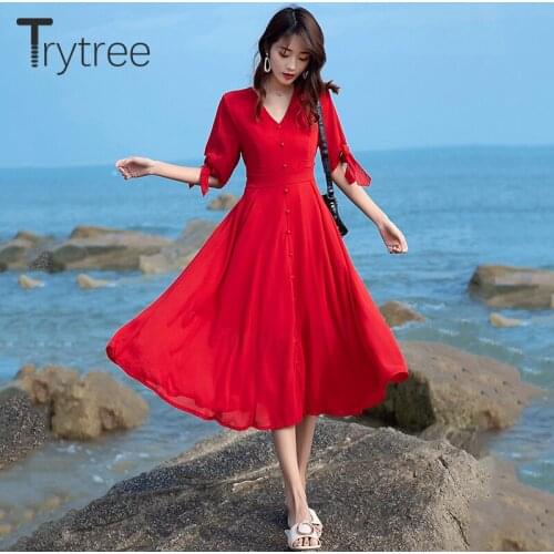 Trytree 2021 Summer Womens Dress Casual V-neck Red Silky Waist Ribbons Bow Buttons Holiday Style A-line Mid-Calf Shirt Dress