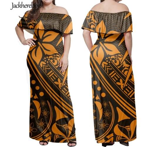 Jackherelook Vintage Hawaiian Off Shoulder Maxi Dress Elegant Polynesain Tribal Flower Print Summer Ladies Club Party Dresses