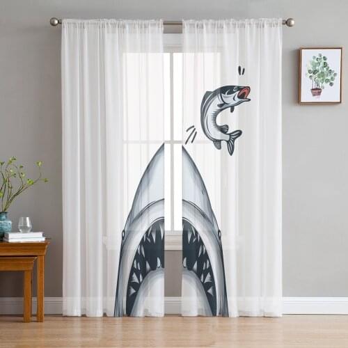 Shark Fun Marine Creature Window Curtains Bedroom Modern Drape Sheer Tulle Valances Living Room Kitchen Voile Curtain
