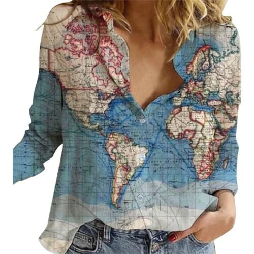 Women Lapel Button Shirt World Map Print Long Sleeve Loose Casual Top Girls Fashion Classic Personalized All-match T-Shirt