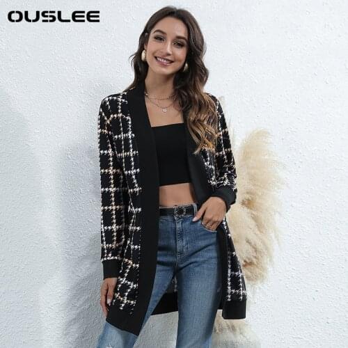 OUSLEE 2021 Black Houndstooth Cardigan Women Long Sleeve Leopard Sweaters Spring Autumn Casual Loose Knitted Cardigans Oversized