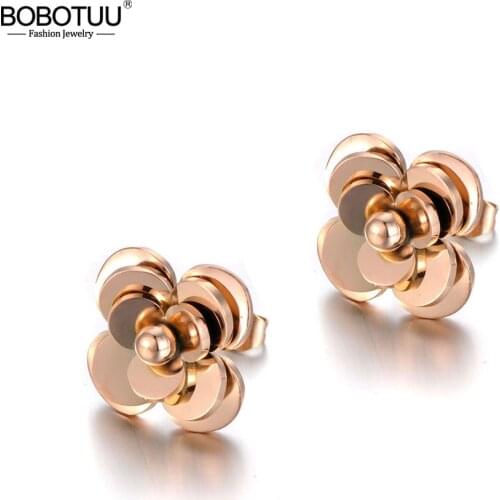 BOBOTUU Trendy Office Style Stainless Steel Love Rose Flower Earrings For Women CZ Crystal Romantic Earrings Jewelry BE19278