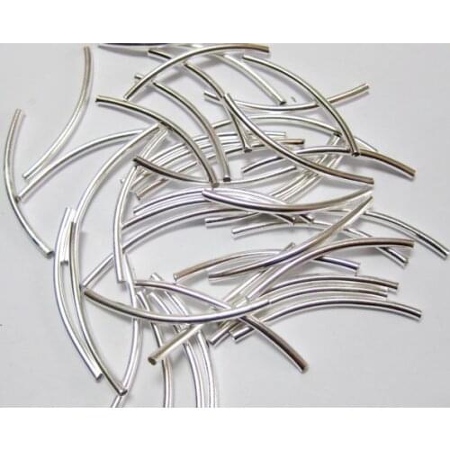 100 Silver Tone Smooth Curved Tube Spacer Beads 2X35mm