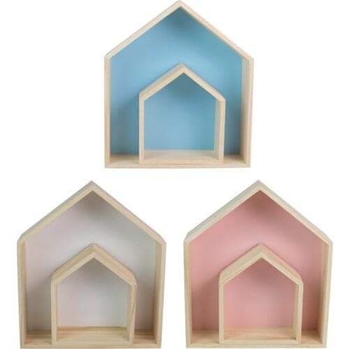 2 Pcs Lovely Wooden House-Shaped Storage Rack Kids Room Decoration Floating Wall Storage Shelf Display Hanging Shelving