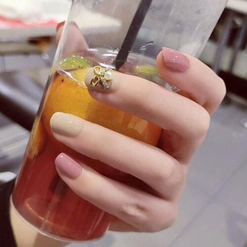 24pcs/boxed Bowknot Faux Pearl Cute Short Fake Nails Paste Pink and Coffee Color with Faux Rhinestone Finished press on nails