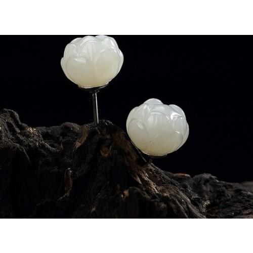 925 Sterling Silver Earrings Jade Lotus Silver 925 Earrings Versatile Temperament 925 Sterling Silver Retro Earrings Female