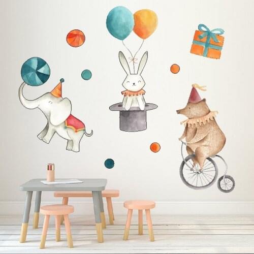Watercolor Cartoon Acrobatic Animals Wall Stickers for Kids Room Baby Nursey Wall Declas Elephant Bunny Bear Decorative Stickers