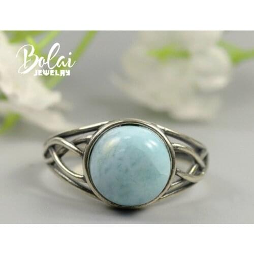 Bolaijewlry,natural larimar ring round 10.0mm, 925 sterling silver, suitable for any occasion to wear fine accessories