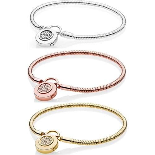925 Sterling Silver Bracelet Gold Color Logo Signature Padlock Smooth Snake Bangle Fit Bead Charm DIY Fashion Jewelry