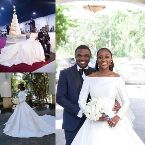 Church Long Sleeve Wedding Dresses Vintage Satin Sweep Train 2022 Formal Bridal Gowns African Modest Plus Size Dress