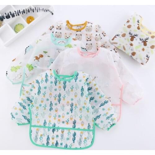 Baby Bandana Bibs Cartoon Print Waterproof Infant Eating Children Drawing Long Sleeve Apron with Pocket Baby Self Feeding Bibs