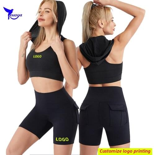 Custom LOGO Build In Bra Hooded Yoga Sports Suit Women Quick Dry Stretch Fitness Sports Bra+Shorts 2 Pcs Jogging Running Set