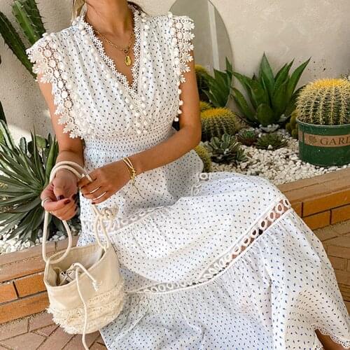 Jastie Bohemian Summer Womens Dress White Hollow Out Lace V-neck Floral Print Elastic High Waist Midi Dresses Robe Femme 2021