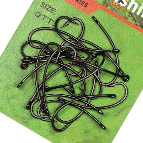 ICERIO 20pcs Matt Black Curved Long Shank Carp Fishing Hook High Carbon Steel Barbed Pop-up Rig Hooks