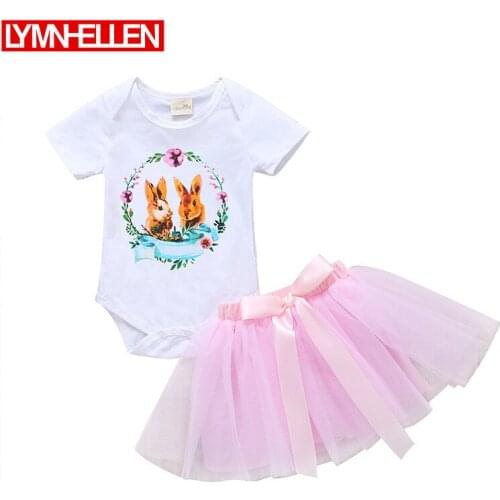 Summer Baby Girl Clothes Cotton Rabbit T-shirt+Pink Tutu Skirt Two-piece Set Short-sleeve Romper Bodysuit Princess Lace Dress