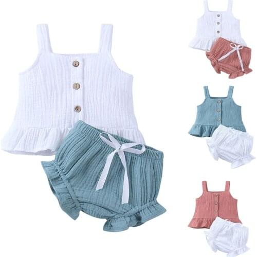 Infant Baby Girls Summer Outfits Buttons Sleeveless Ruffles Tank Top Bow Mini Shorts Solid Color 2pcs Clothing Set