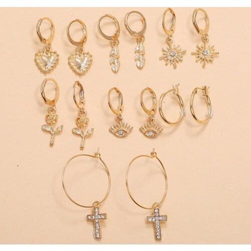 Metal Vintage Cross Hoop Earring Set Fashion Simple Flower Love Heart Leaves Seven pieces Earrings