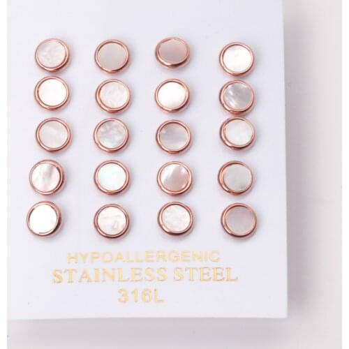 10 Pairs White Shell Stud Earrings Set Fashion 8mm Gold Rose Gold Color Stainless Steel Ladies Fashion Jewelry Wholesale