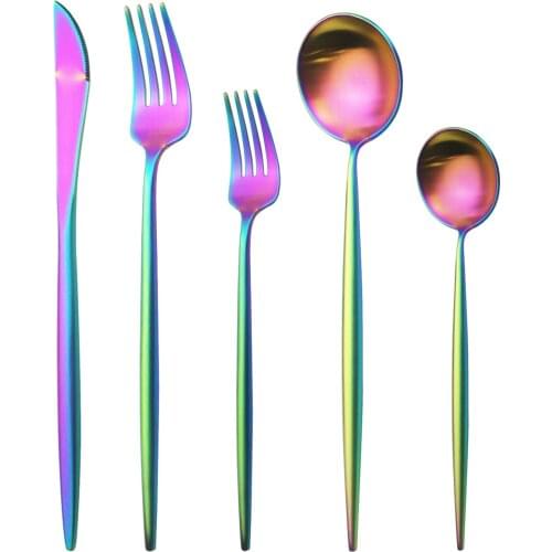 Western 5Pcs Colorful Cutlery Set Matte Knife Fork Spoon Tableware Set 304 Stainless Steel Dinnerware Set Kitchen Silverware Set