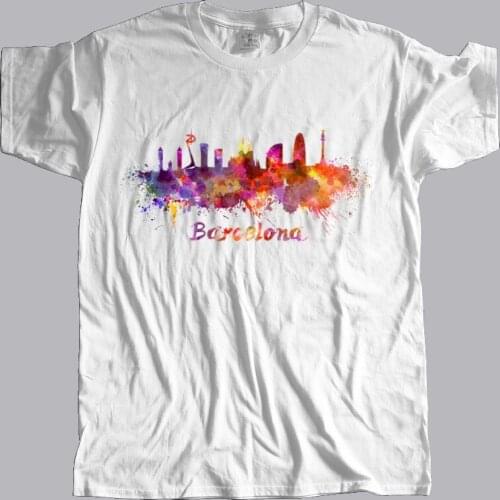 New arrived men t-shirt summer Barcelona skyline in watercolor Mens T shirt Beautiful many color tops fashion unisex tees