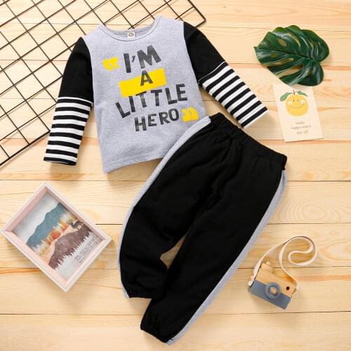 Boys Casual Two-piece Clothes Set Letters and Stripe Printed Pattern Pullover and Trousers Black/ Grey