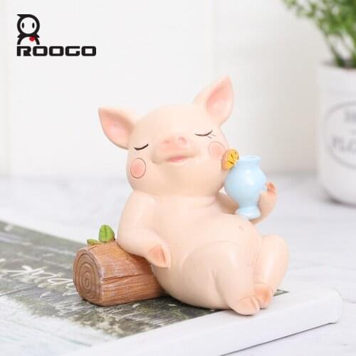 Roogo Animals Miniature Figurines Resin Cute Pig For Home Garden Decoration Pink Ornaments For Kids Rooms Creative Desktop Decor