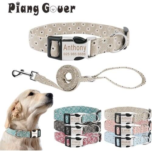 Pet Leashes Collar Customized Flower Custom Dog Collar Leash Tag ID Name Cat Collars for Small Medium Large Dogs Walking Belt