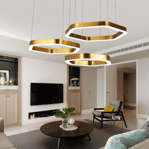 YOOGEE Gold Chandeliers Hexagon Brief Indoor Lighting for Living room LED Round Chandelier Wire Lamp Lights Fixtures Home Decor