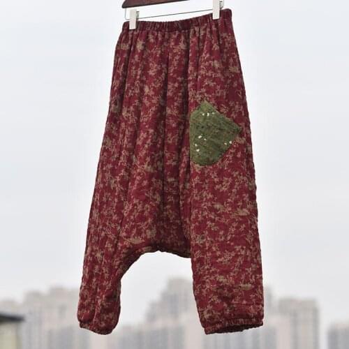 Women Cotton Linen Elastic Waist Cotton Linen Patchwork Harem Pants Female Plus Size Vintage Harem Trousers Ladies Retro Pants