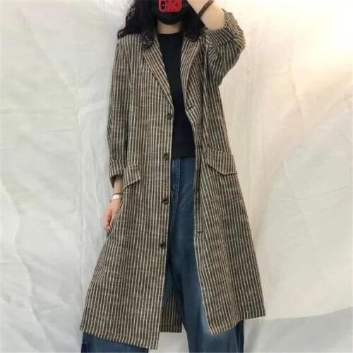 Spring Autumn Women New Art Style Loose Striped Long Trench Clothes Lady Chic Single Breasted Cotton Vintage Long Jacket Female