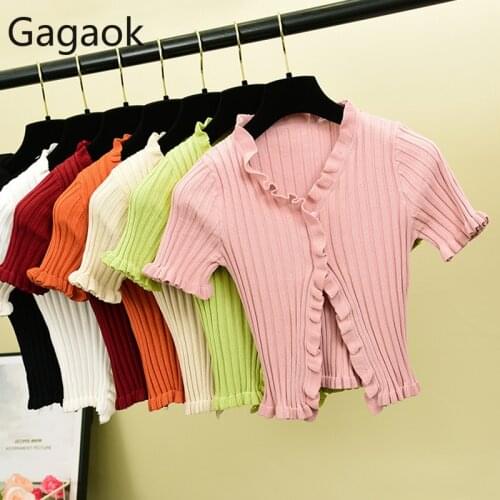 Gagaok Sweet Short Sweater Women Spring Autumn Solid Short Sleeve Cardigan Button Stretch Slim Ladies Ruffle Korean Top