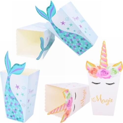 10pcs Mermaid Tail Unicorn Popcorn Box Paper Candy Box Kids Birthday Party Cookies Gift Packaging Decoration Baby Shower Supplie