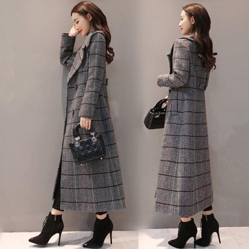 2021 Early Spring Double Breasted Trench Coat New Women Long Loose Woolen Coat Korean Womens Windbreaker Oversize Plaid Coat