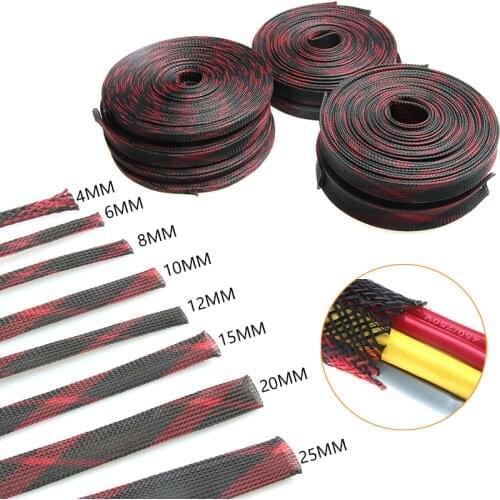 50M Red&Black Cable Sleeves Insulation Braided Sleeve 4-25mm 8 Sizes Tight PET Spiral Wrapping Wire Gland Cables Kit dropship