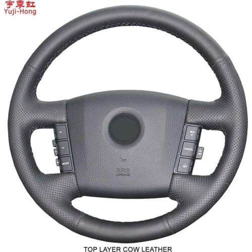 Yuji-Hong Top Layer Genuine Cow Leather Car Steering Wheel Covers Case for KIA Mohave Borrego 2008 Hand-stitched Black
