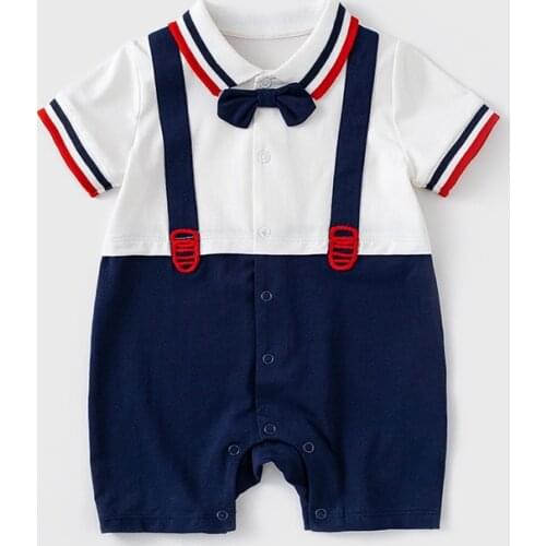 Newborn Boys Rompers Jumpsuit Summer Boys Birthday Clothes Infant Short Sleeve Overalls Outfits with Bow Tie Toddler Clothing