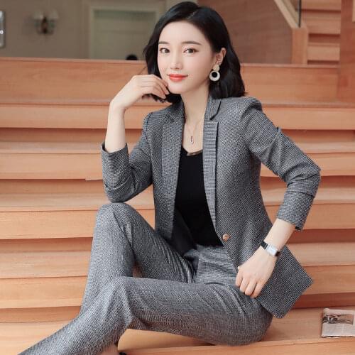 Gray Pink plaid Female elegant Womens Pants trouser Suits dress jacket costumes office wear clothing 2 piece set top and pants