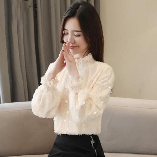 Lace Plus Velvet Thick Bottoming Shirt Womens Spring And Autumn 2020 New Tide Chiffon Shirt Flocking Shirt Foreign Style