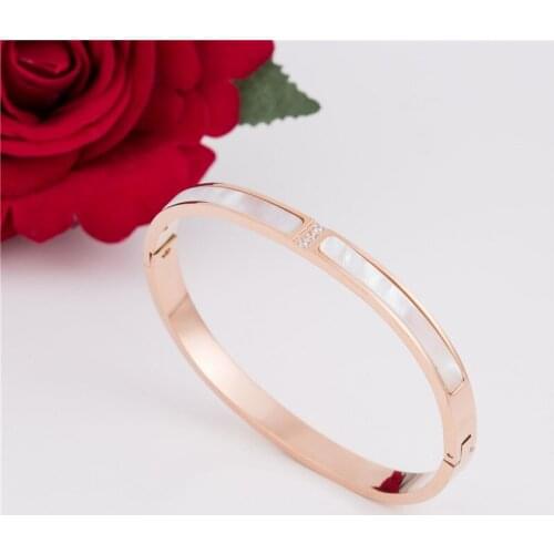 Trendy Crystal Set Shell Gloss Rose Gold Stainless Steel Bangle Bracelet Luxury Shell Rose Gold Fashion Bangles Bracelets