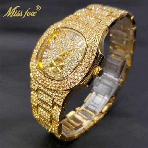 Relogio Masculino MISSFOX Hip Hop Streetwear Cuban Stone Stainless Steel Double Dial Square Watch For Men Waterproof Wholesale