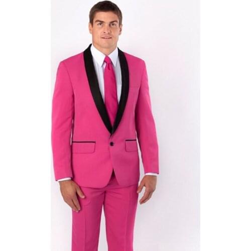 New Groomsmen Shawl Black Lapel Groom men suit Tuxedos Hot Pink Mens Suits Wedding Best Man (Jacket+Pants+Tie+Hankerchief)