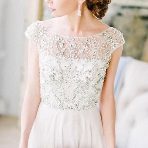 2021 Charming A Line Ivory Open Back Bridal Wedding Dresses Beading Bodice Cap Sleeves Wedding Gowns for Bride Boat Neckline