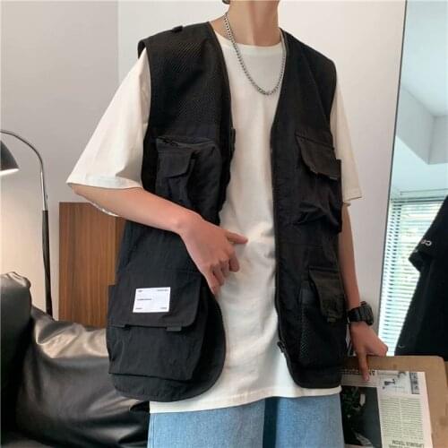 Hong Kong Style Workwear Vest Jacket Korean Style Trend Sleeveless Waistcoat Jacket Tide Brand High Street Outerwear Vest